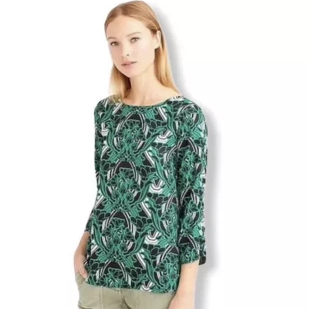 J. Crew Green and Black Geometric and Floral Print Blouse Size 6